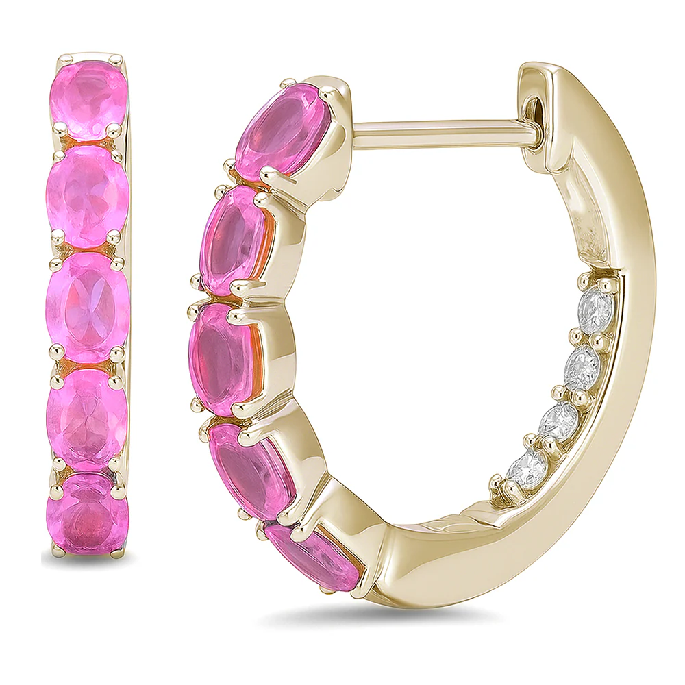 <span style="color:purple">SPECIAL!</span>  1.63ct G SI 14kt Yellow Gold Oval Pink Sapphire Gemstone & Diamond Hoop Earrings