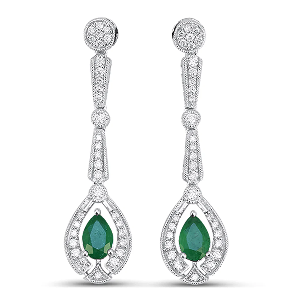 <span style="color:purple">SPECIAL!</span> 1.18ct G SI 14kt White Gold Diamond & Emerald Gemstone Teardrop Earrings