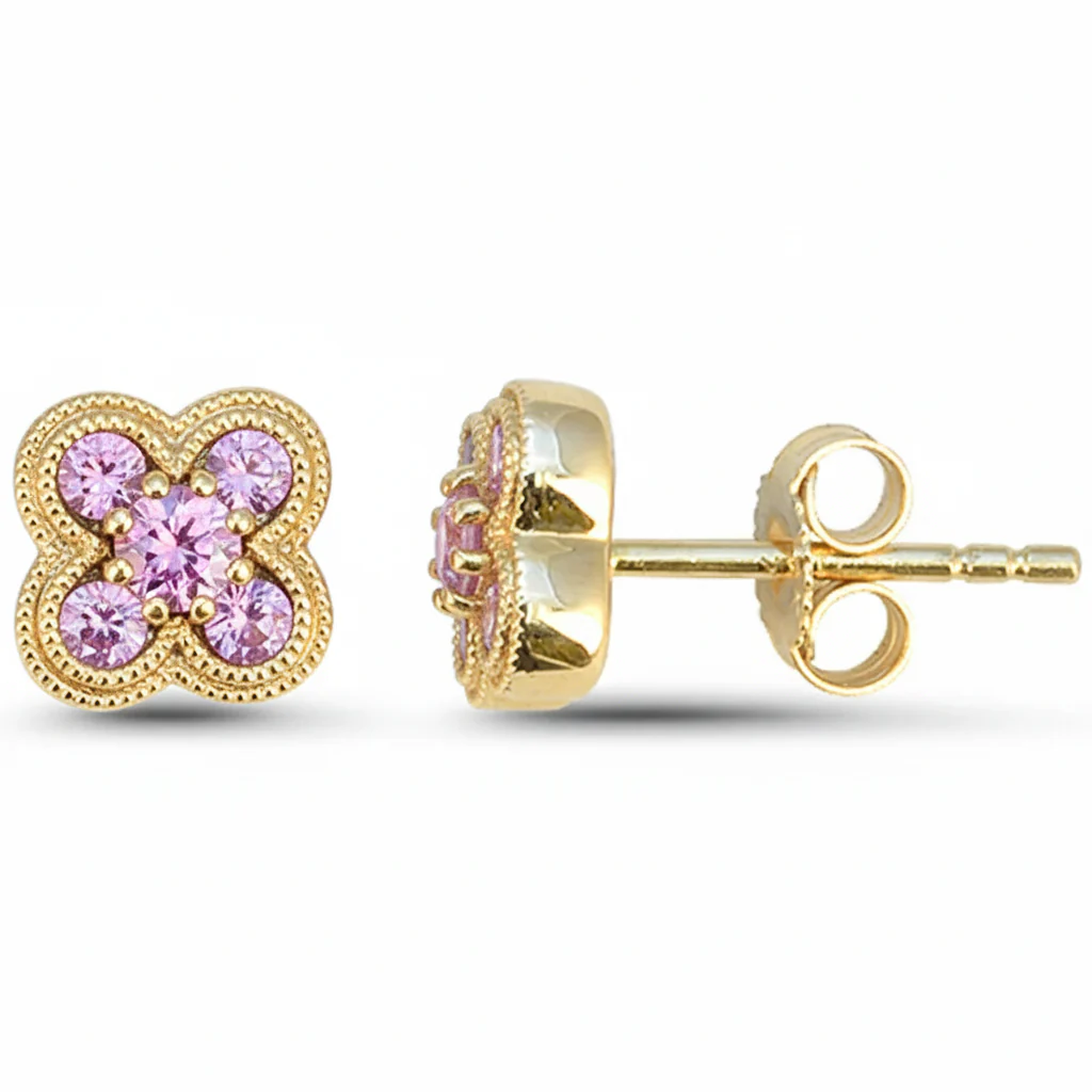 <span style="color:purple">SPECIAL!</span> .47ct G SI 14kt Yellow Gold Pink Sapphire Gemstone Clover Earrings