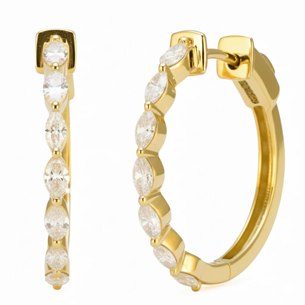 <span style="color:purple">SPECIAL!</span> .95ct G SI 14kt Yellow Gold Marquise Cut Diamond Hoop Earrings - Image 2