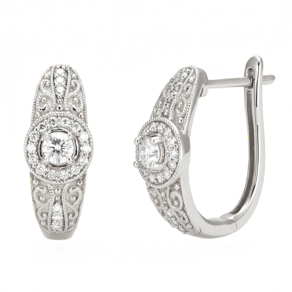 <span style="color:purple">SPECIAL!</span> .42ct G SI 14kt White Gold Diamond Filigreee Design J Hoop Earrings