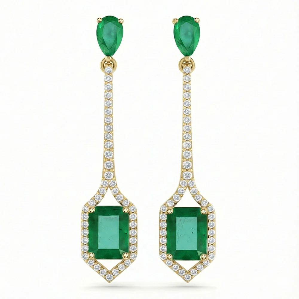 <span style="color:purple">SPECIAL!</span> 2.19ct G SI 14kt Yellow Gold Diamond & Emerald Gemstone Drop Earrings