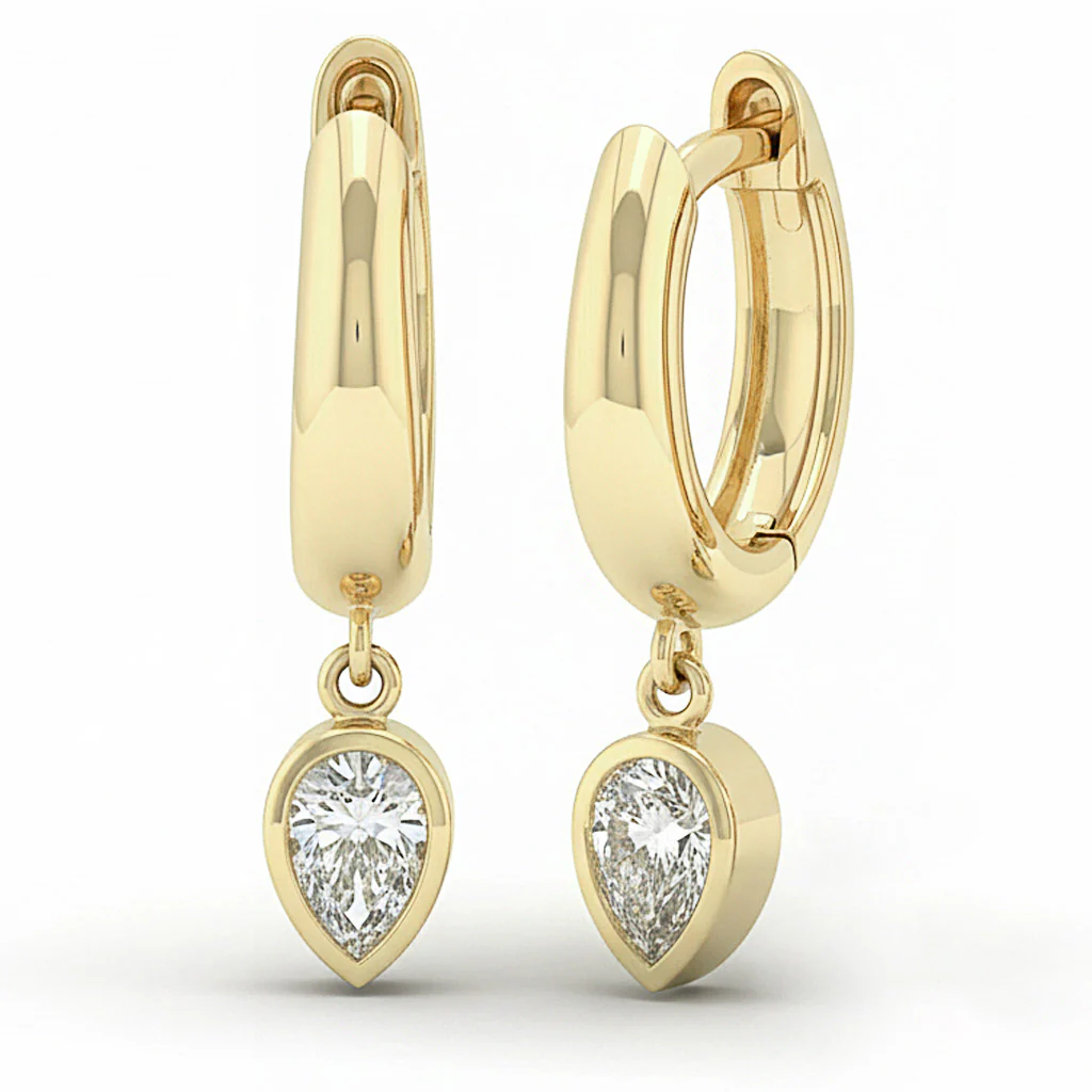 <span style="color:purple">SPECIAL!</span> .29ct G SI 14kt Yellow Gold Bezel Set Pear Diamond Hoop Huggie Drop Earrings