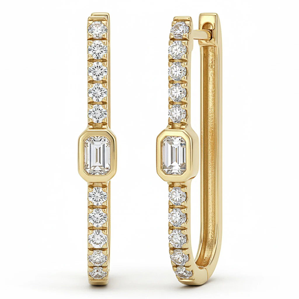 <span style="color:purple">SPECIAL!</span> .73ct G SI 14kt Yellow Gold Emerald Cut Diamond Bezel Set Hoop Earrings