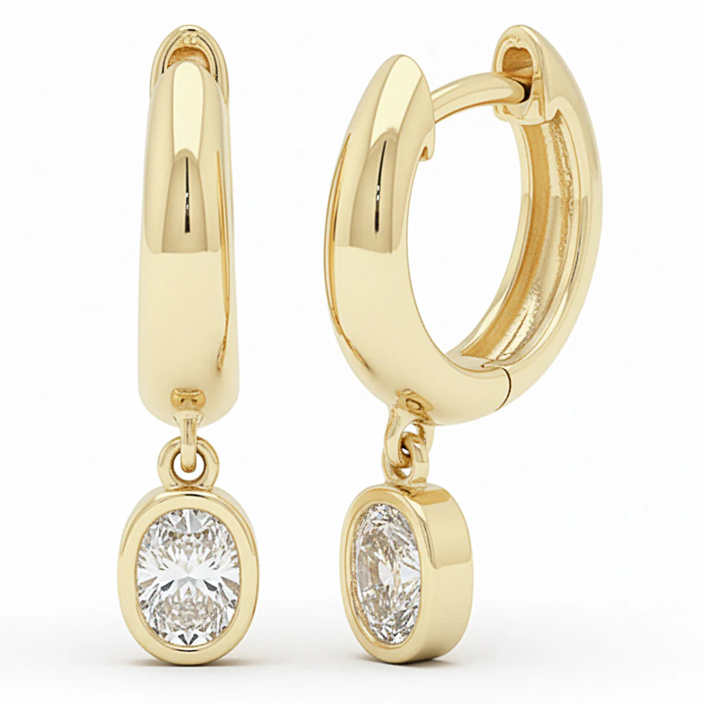 <span style="color:purple">SPECIAL!</span> .31ct G SI 14kt Yellow Gold Oval Diamond Bezel Set Huggie Drop Earrings