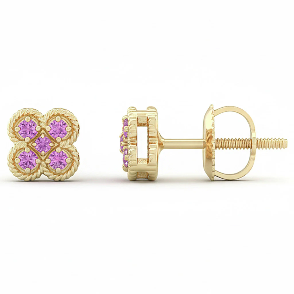 .09ct G SI 14kt Yellow Gold Pink Sapphire Gemstone Flower Clover Earrings
