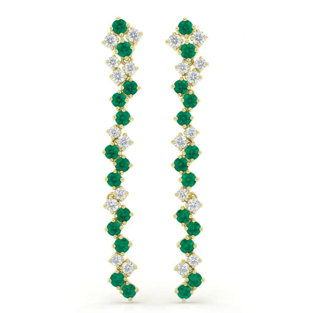 <span style="color:purple">SPECIAL!</span> 1.36ct G SI 14kt Yellow Gold Diamond & Emerald Gemstone Drop Earrings