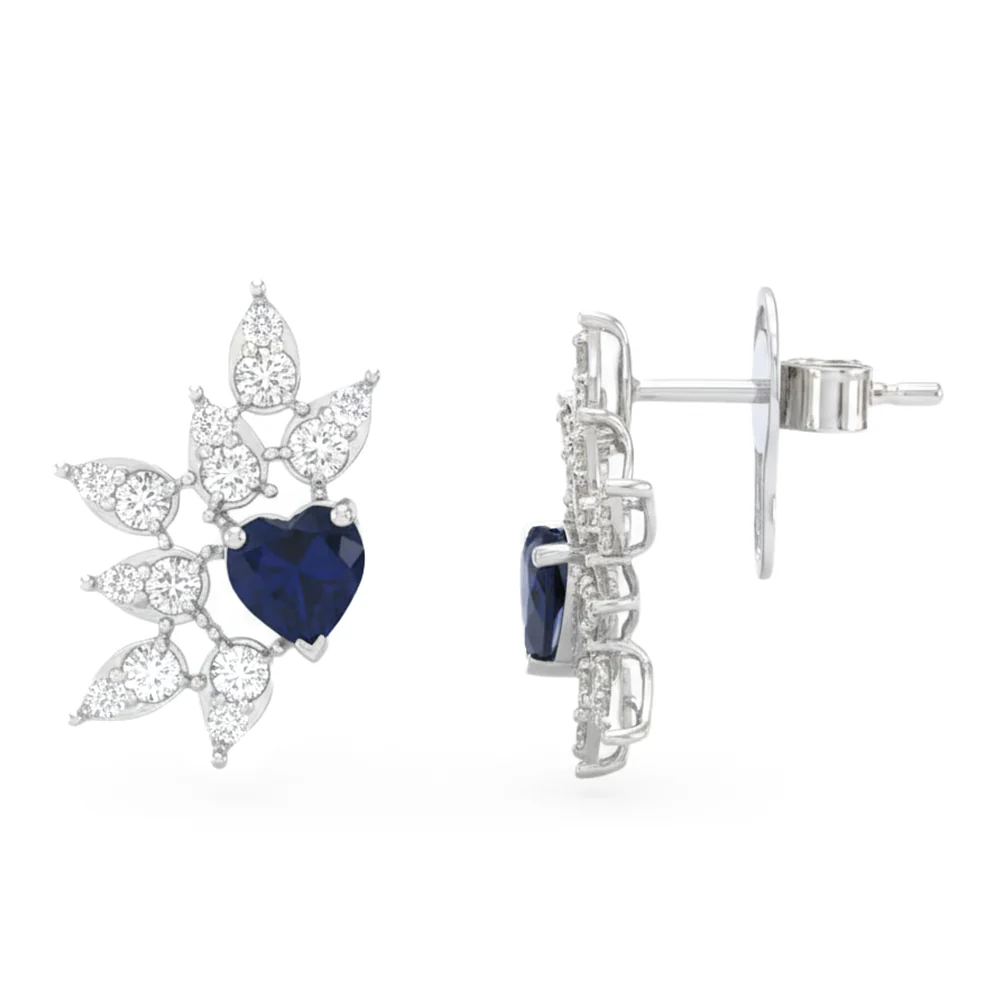 <span style="color:purple">SPECIAL!</span> 1.57ct G SI 14kt White Gold Diamond & Heart Shaped Blue Sapphire Gemstone Stud Earrings