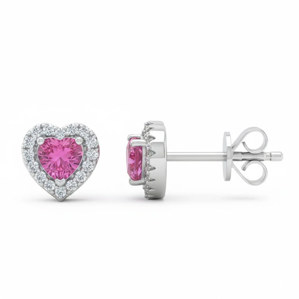 <span style="color:purple">SPECIAL!</span> .60ct G SI 14kt White Gold Diamond & Pink Sapphire Gemstone Heart Shape Stud Earrings