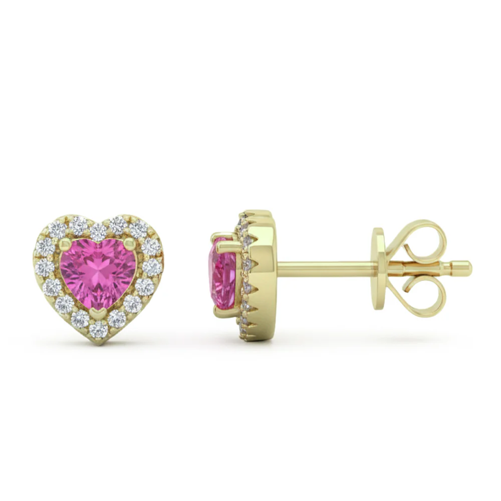 <span style="color:purple">SPECIAL!</span> .87ct G SI 14kt Yellow Gold Diamond & Pink Sapphire Gemstone Heart Shape Stud Earrings