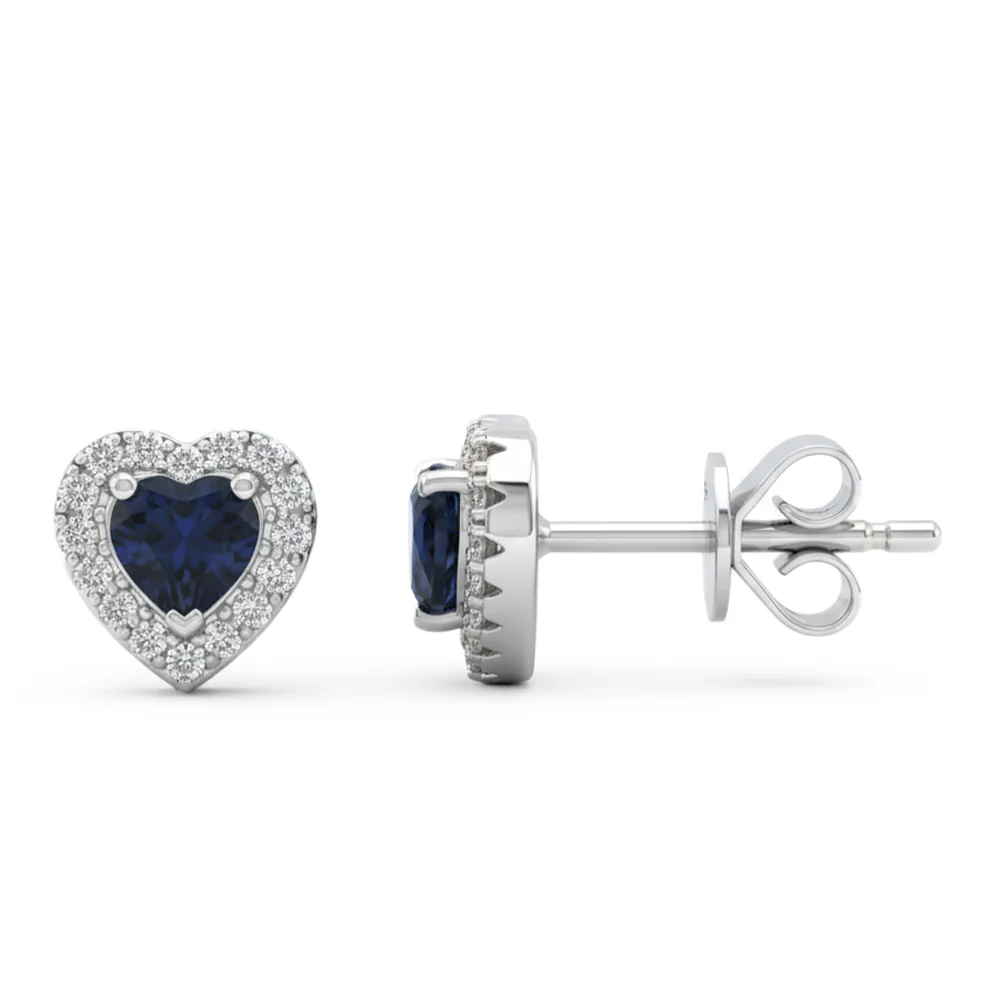 <span style="color:purple">SPECIAL!</span> .76ct G SI 14kt White Gold Diamond & Blue Sapphire Gemstone Heart Shape Stud Earrings