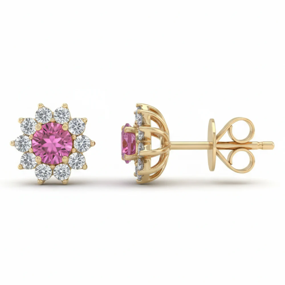 <span style="color:purple">SPECIAL!</span> .59ct G SI 14kt Yellow Gold Diamond & Pink Sapphire Gemstone Stud Earrings