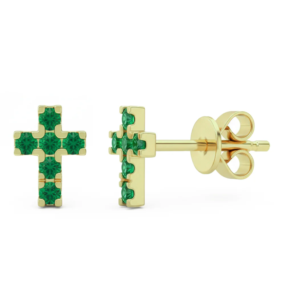 .18ct G SI 14kt Yellow Gold Emerald Gemstone Cross Stud Earrings