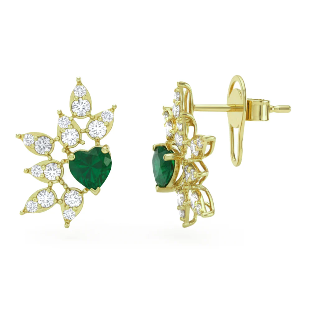 <span style="color:purple">SPECIAL!</span> 1.43ct G SI 14kt Yellow Gold Heart Shaped Diamond & Emerald Gemstone Stud Earrings