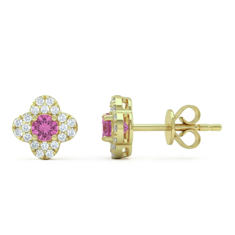 <span style="color:purple">SPECIAL!</span> .30ct G SI 14kt Yellow Gold Diamond & Pink Sapphire Gemstone Clover Stud Earrings