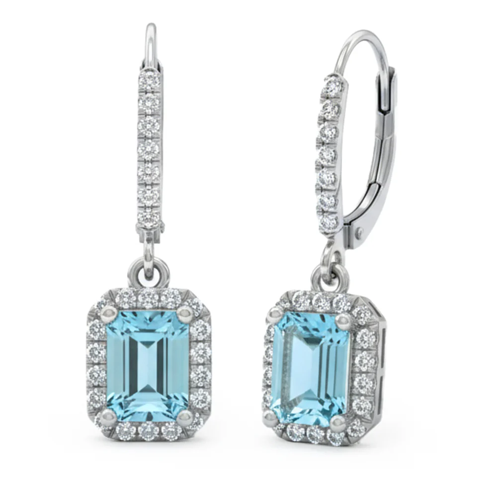 <span style="color:purple">SPECIAL!</span> 1.00ct G SI 14kt White Gold Diamond & Aquamarine Gemstone Drop Dangling Earrings