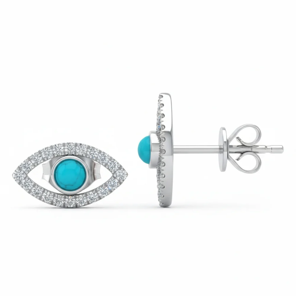 <span style="color:purple">SPECIAL!</span> .48ct G SI 14kt White Gold Diamond & Turquoise Gemstone Evil Eye Stud Earrings