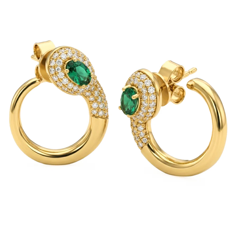 <span style="color:purple">SPECIAL!</span> .86ct G SI 14kt Yellow Gold Modern Diamond & Emerald Gemstone Hoop Earrings