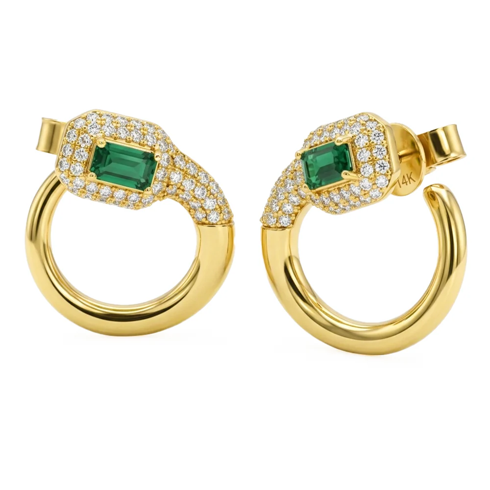 <span style="color:purple">SPECIAL!</span> .85ct G SI 14kt Yellow Gold Modern Diamond & Emerald Gemstone Hoop Earrings