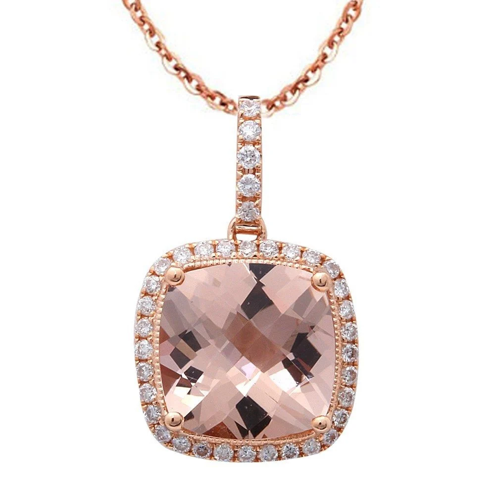 <span>GEMSTONE CLOSEOUT! </span> 2.91cts 14k Rose Gold Cushion Cut Morganite Gemstone & Diamond Pendant