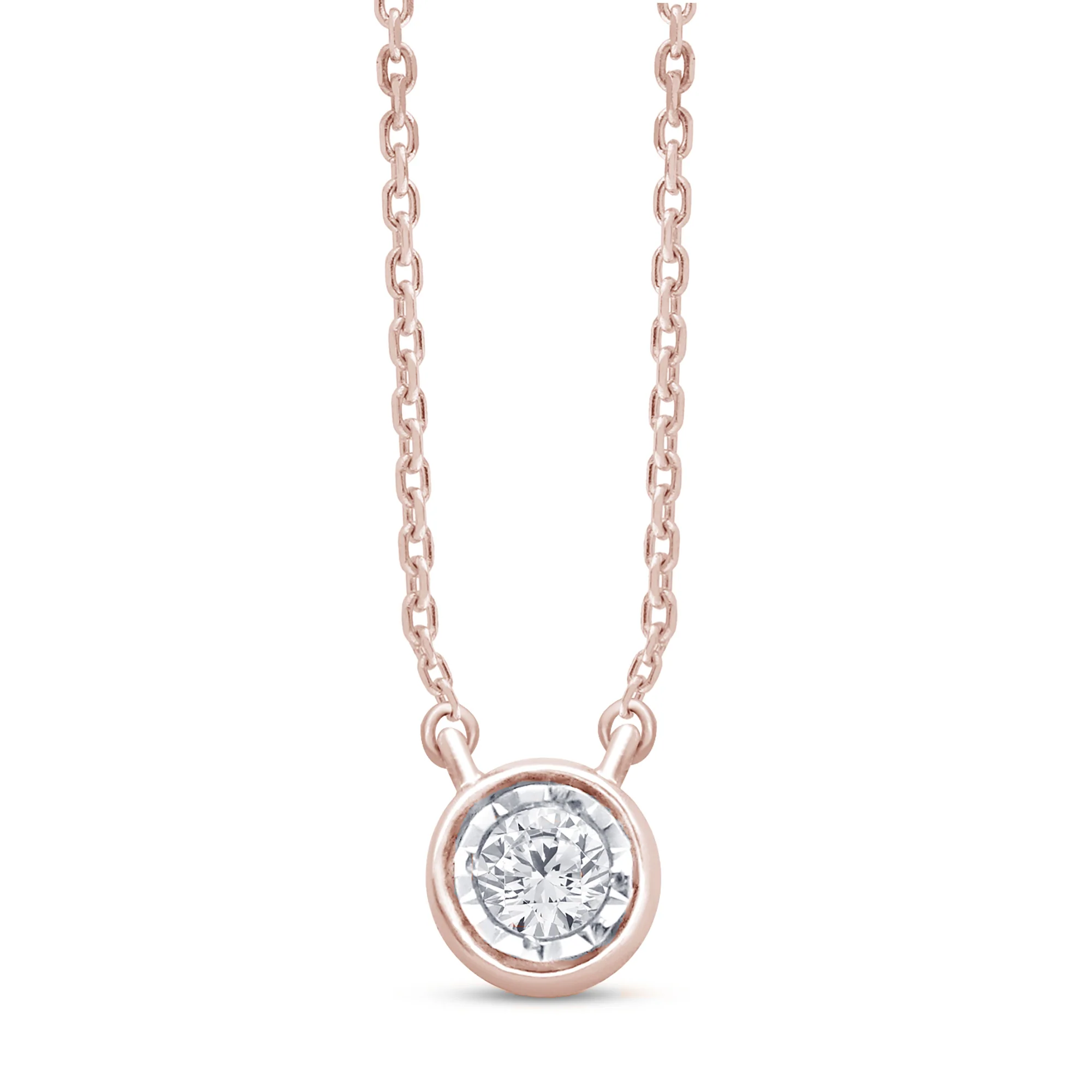 <span>DIAMOND  CLOSEOUT! </span>.06ct 14kt Rose Gold Bezel Solitaire Round Diamond Pendant 18" Necklace