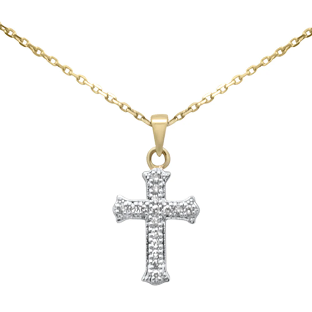 .09ct G SI 14K Yellow Gold Diamond Cross Pendant Necklace 18" Long Chain