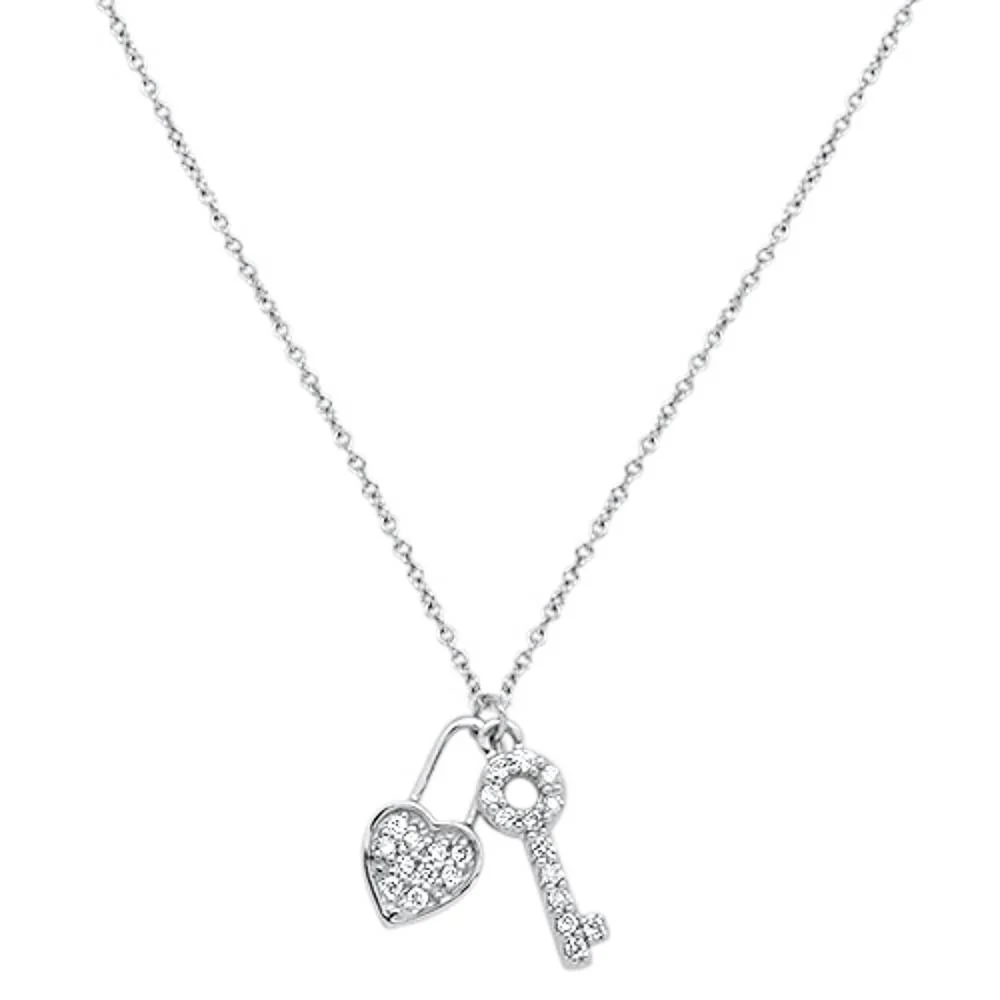 <span>DIAMOND CLOSEOUT! </span>.13cts 14kt White Gold Round Diamond Key to my Heart Pendant Necklace 18"