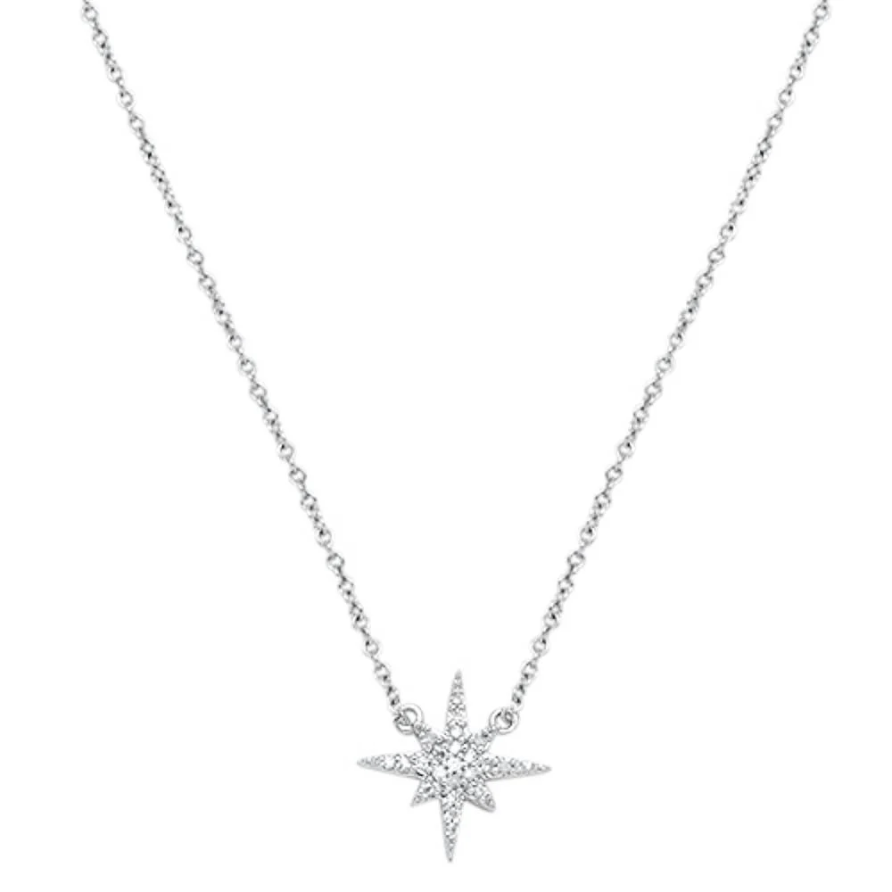 <span>DIAMOND CLOSEOUT! </span> .10cts 14kt White Gold Round Diamond Starburst Pendant Necklace 16+2" Ext Long