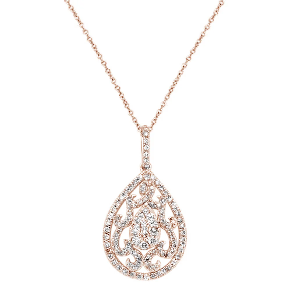 <span>DIAMOND CLOSEOUT! </span>1.01ct 14k Rose Gold Pear Tear Drop Diamond Filigree Pendant Necklace 18"