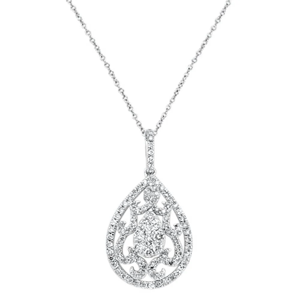 <span>DIAMOND CLOSEOUT! </span>.98cts 14kt White Gold Round Diamond Antique Filigree Pendant Necklace 18"