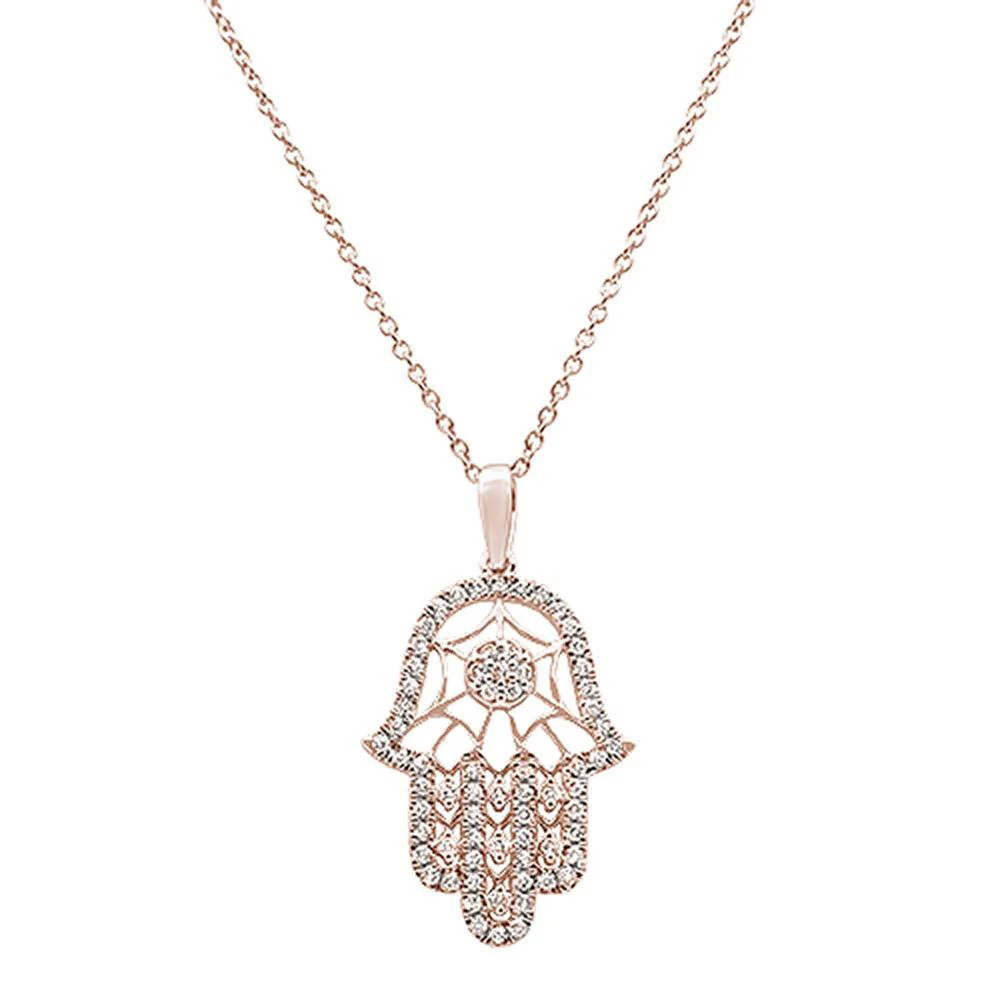 <span>DIAMOND CLOSEOUT! </span>.25ct 14k Rose Gold Diamond Hand of Hamsa Chai Pendant Necklace 18"Long