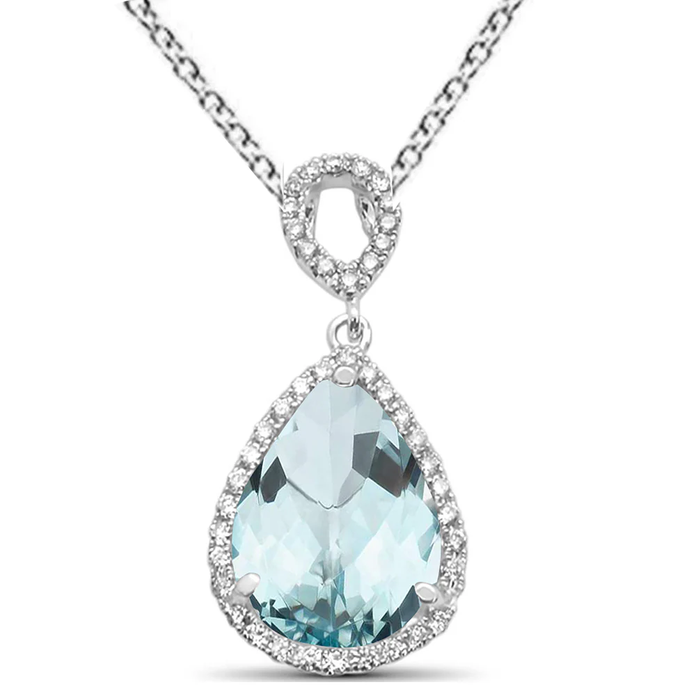 <span>GEMSTONE CLOSEOUT! </span> 2.85ct Pear Aquamarine 14k White Gold Diamond Pendant Necklace 18" Long