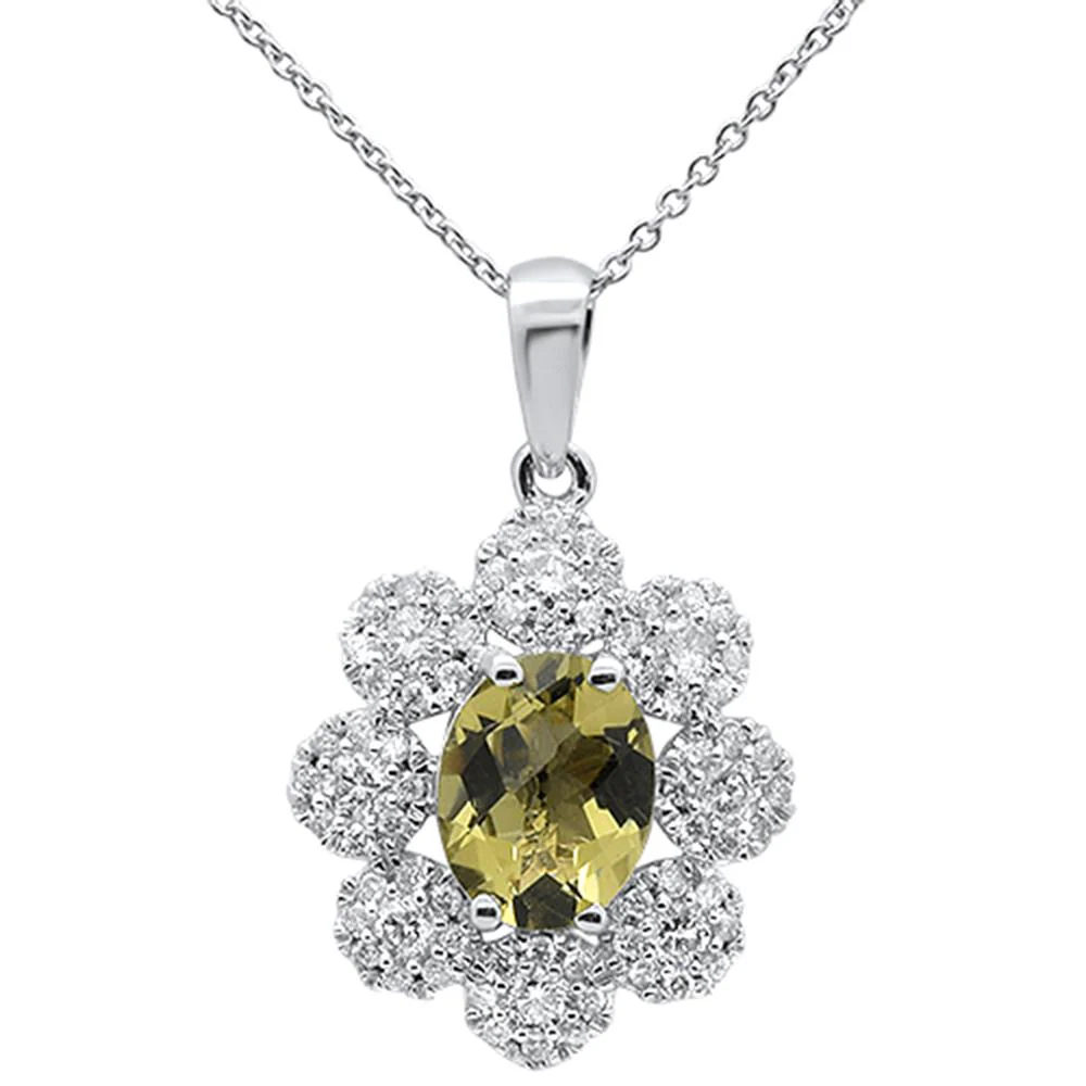<span>GEMSTONE CLOSEOUT! </span> 2.34cts 10k White Gold Olive Quartz & Diamond Pendant Necklace 18" Long