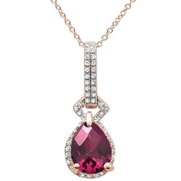 <span>GEMSTONE CLOSEOUT </span>! 2.23cts 10k Rose Gold Pear Rhodolite & Diamond Pendant Necklace 17" Long