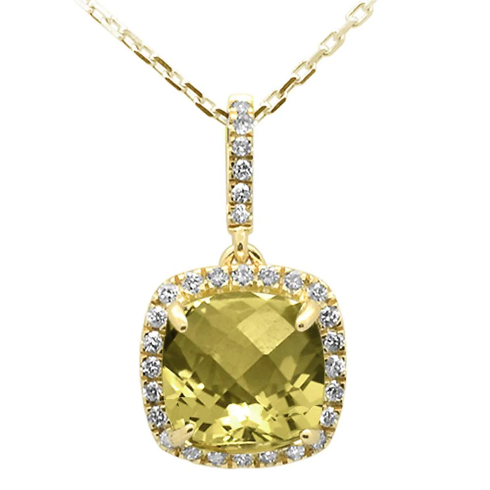 <span>GEMSTONE CLOSEOUT </span>! 1.97ct 10k Yellow Gold Cushion Olive & Diamond Pendant Necklace 18"