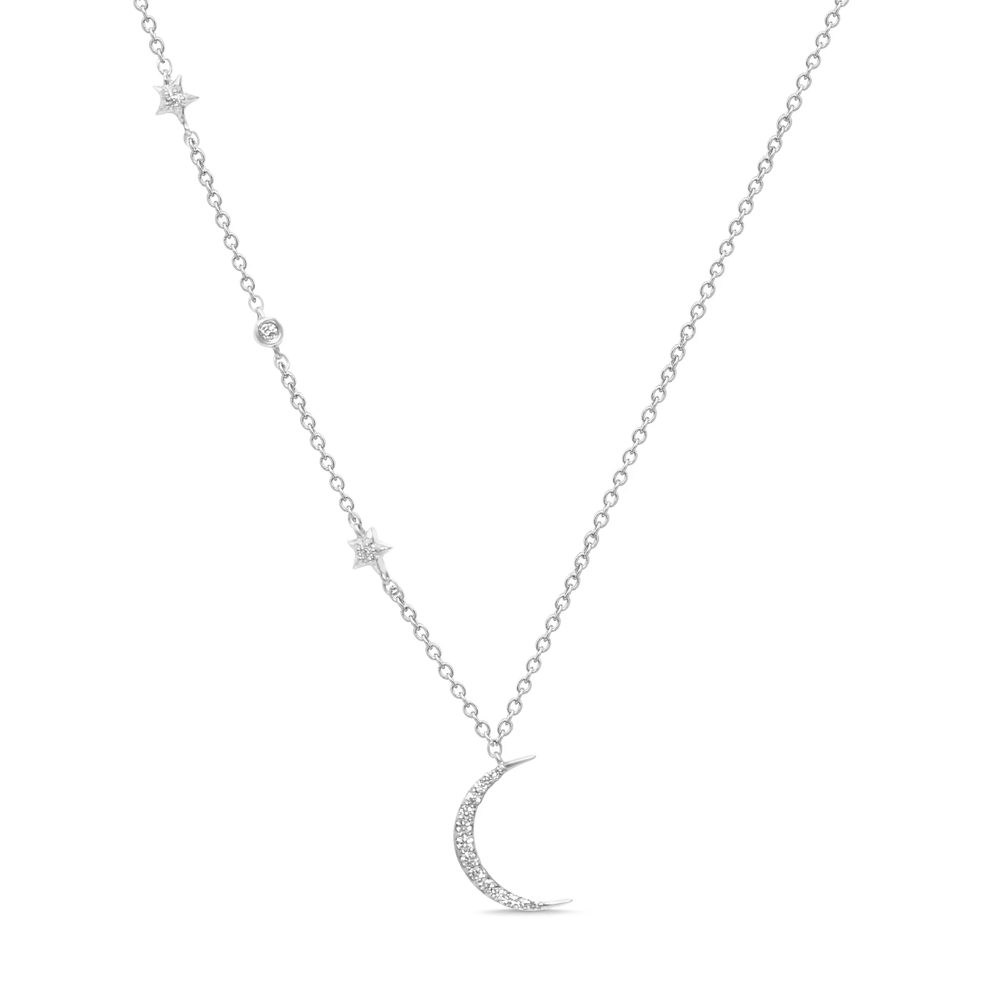 <span>DIAMOND CLOSEOUT! </span> .11ct 14k White Gold Diamond Star Crescent Moon Trendy Necklace 18"