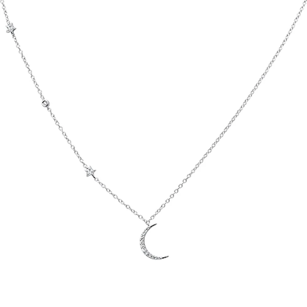 <span>DIAMOND CLOSEOUT! </span> .11ct 14k White Gold Diamond Star Crescent Moon Trendy Necklace 18" - Image 2