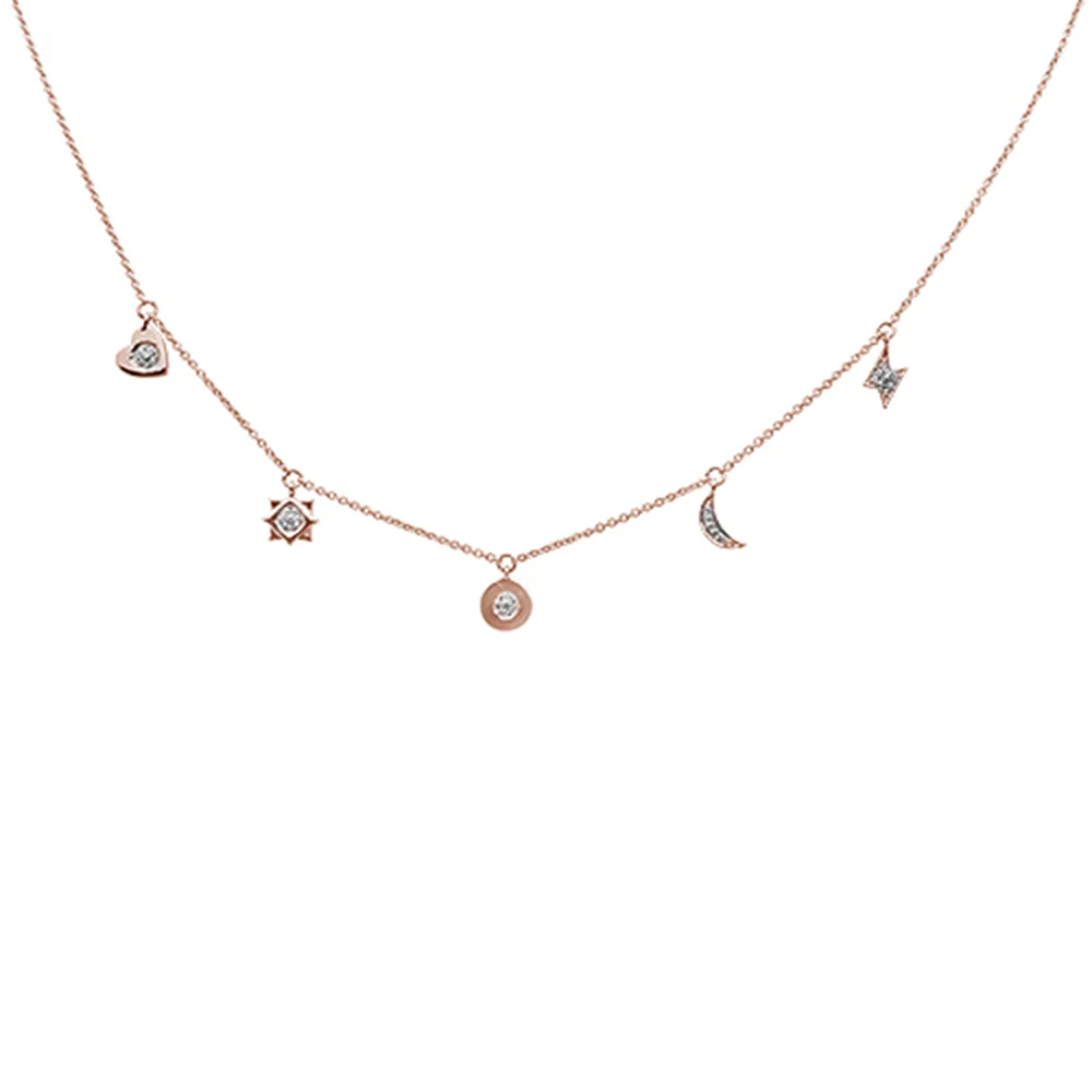 <span>DIAMOND CLOSEOUT! </span>.08ct 14kt Rose Gold Diamond Moon Star Heart Charm Pendant Necklace 16"+2"