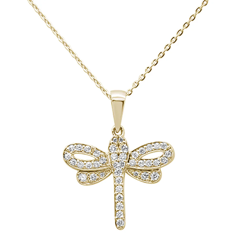 <span style="color:purple">SPECIAL!</span>.32ct 14K Yellow Gold Round Diamond Dragonfly Pendant Necklace 16"+ 2" Ext.