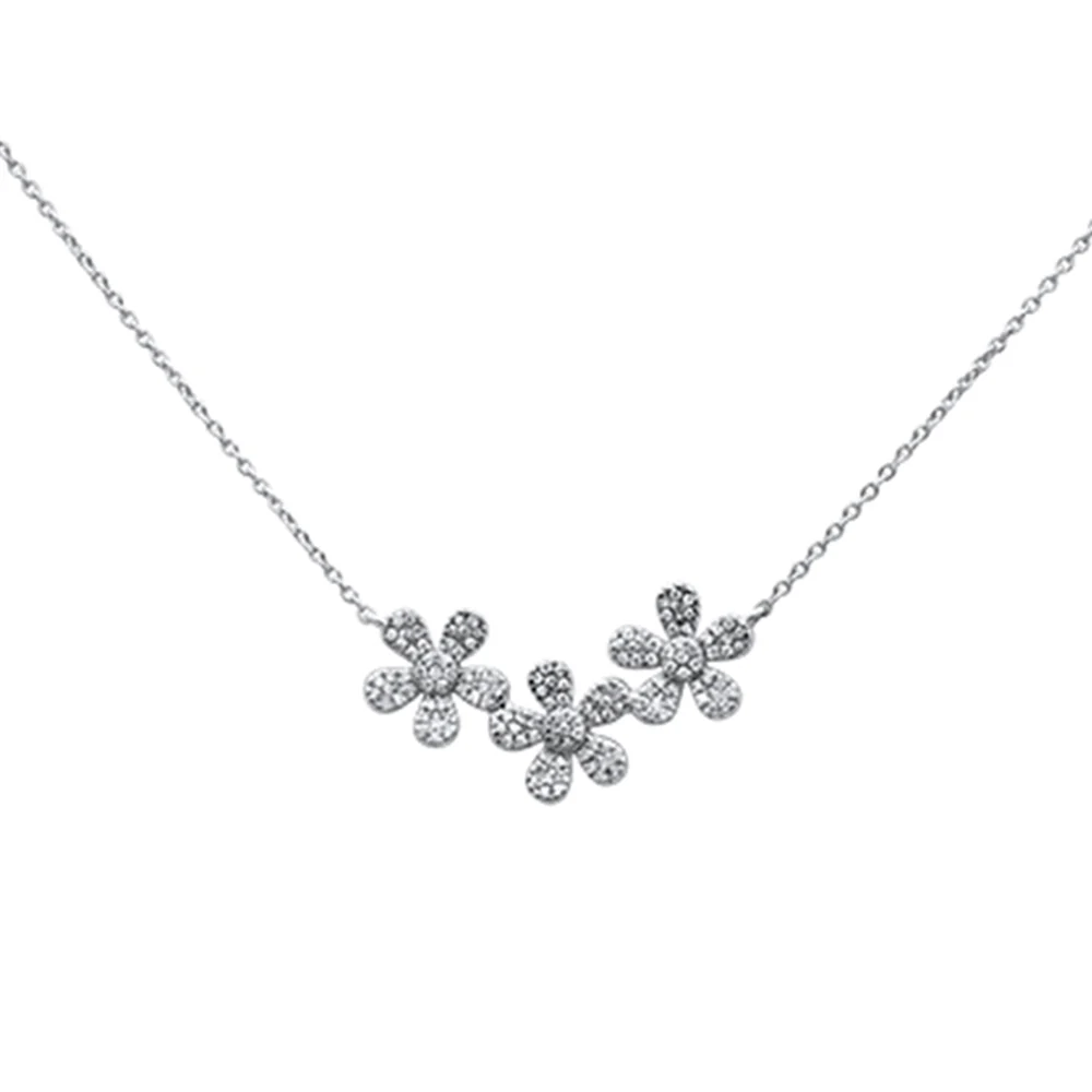 <span>DIAMOND CLOSEOUT! </span> .23ct 14k White Gold Diamond Three Flower Pendant Necklace 16" + 2" Ext
