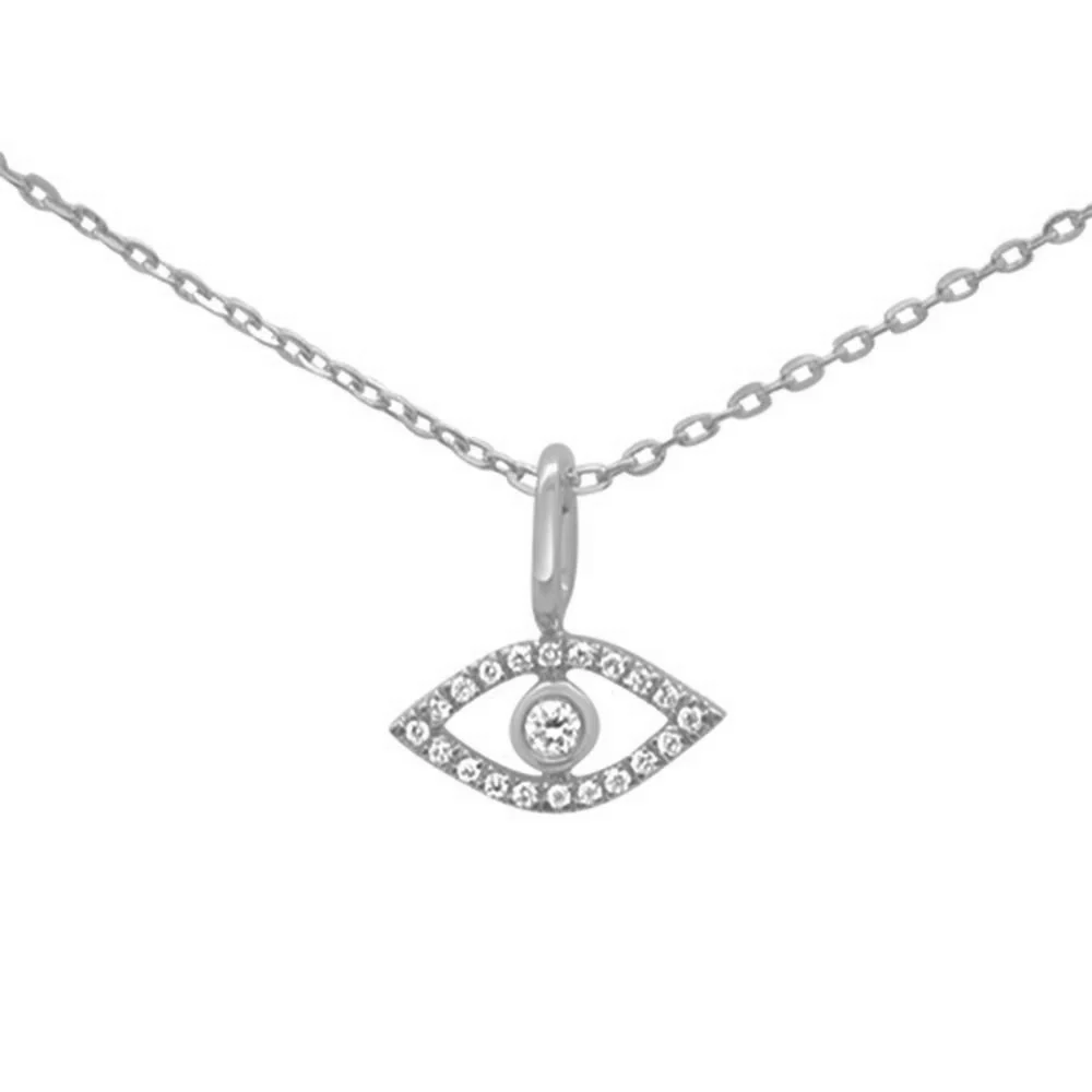<span>DIAMOND CLOSEOUT! </span>.05ct F SI 14K White Gold Evil Eye Diamond Pendant Necklace 18"