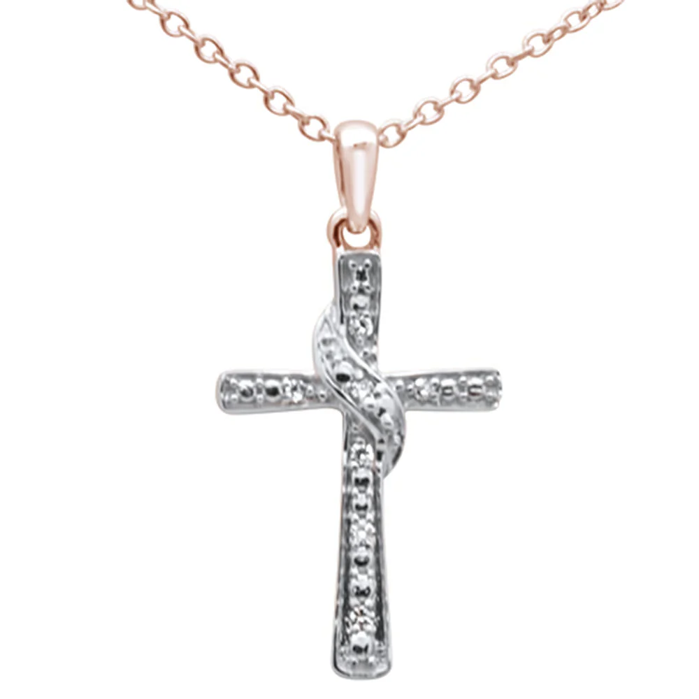 <span>DIAMOND CLOSEOUT! </span> .03ct G SI 10K Rose Gold Diamond Cross Charm Pendant 18" Long