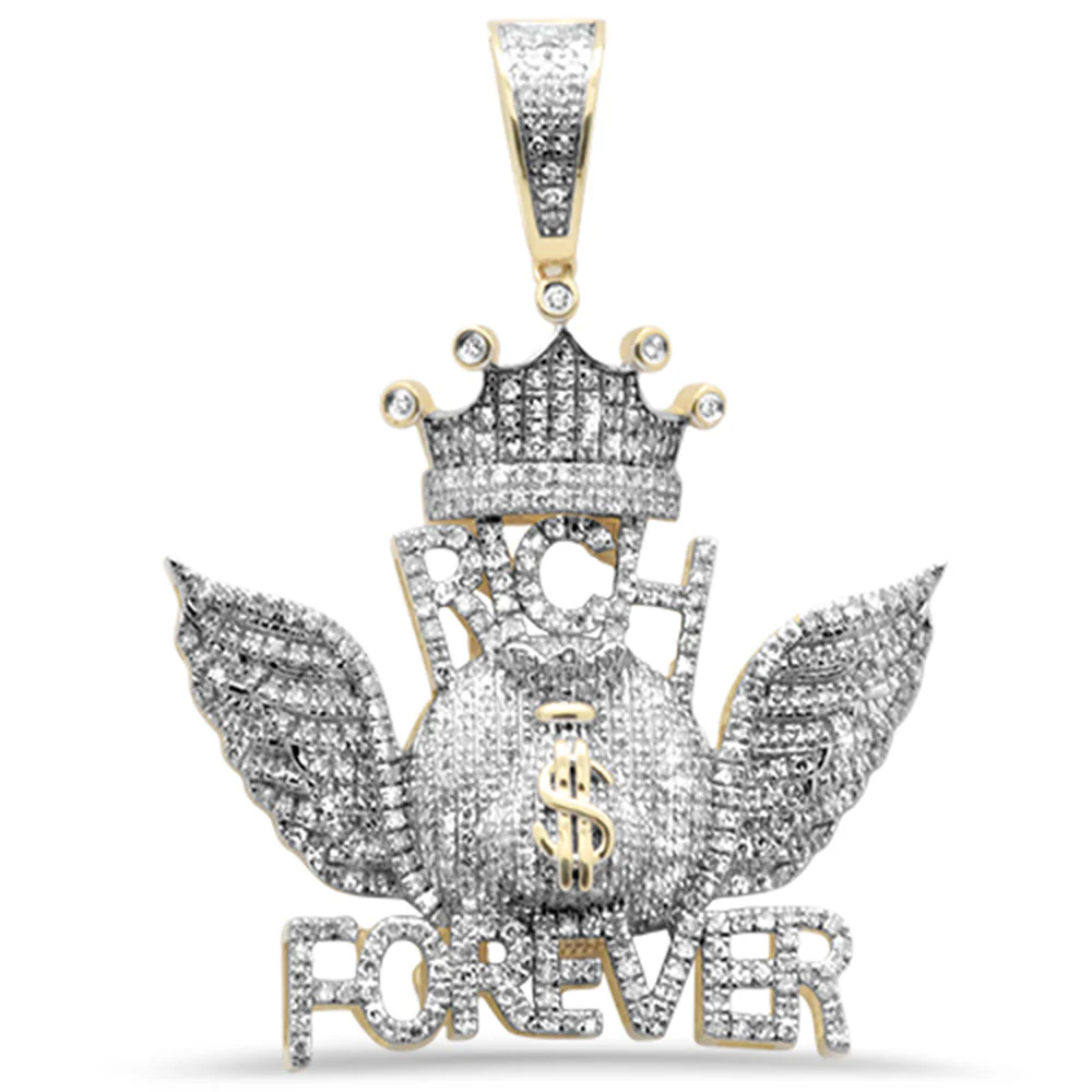 <span>DIAMOND CLOSEOUT! </span> 1.13ct G SI 10K Yellow Gold Diamond "RICH FOREVER" World Hip Hop Charm Pendant