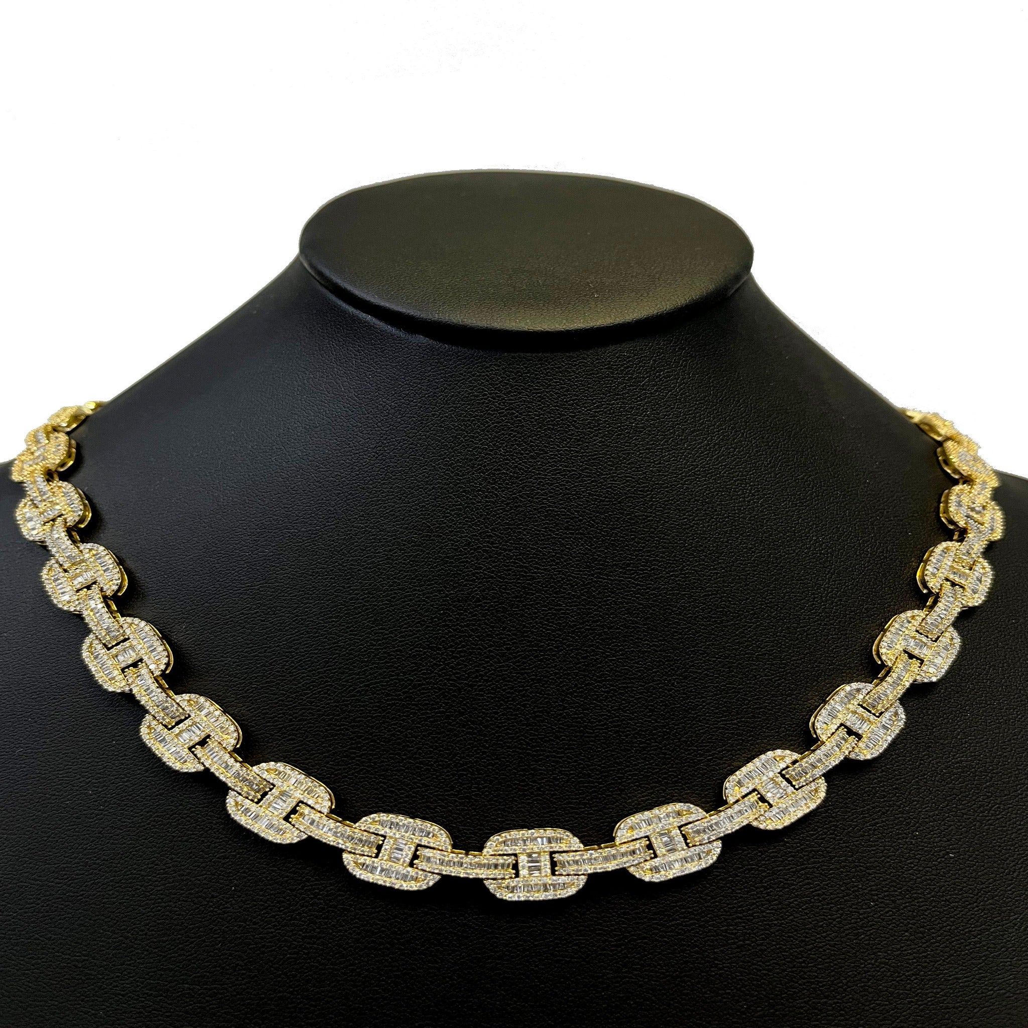 <span>DIAMOND  CLOSEOUT! </span> 11mm 17.95ct G SI 14K Yellow Gold Iced Out Diamond Round & Baguette Necklace 22"