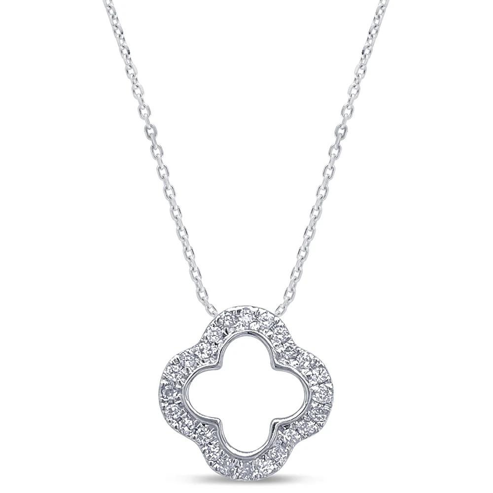 <span style="color:purple">SPECIAL!</span> .10ct G SI 14K White Gold Diamond Four Leaf Clover Pendant 18" Chain