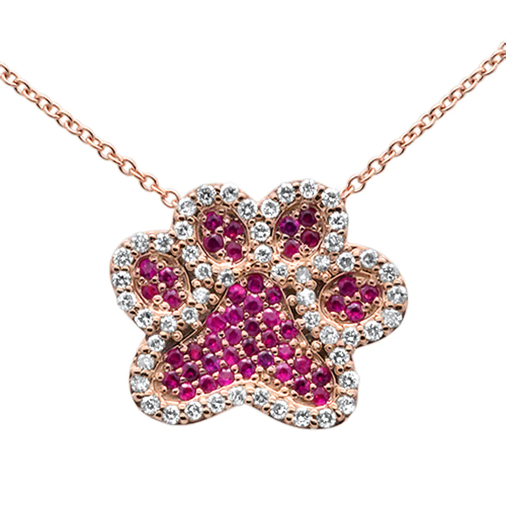 <span>GEMSTONE CLOSEOUT! </span>  .53ct G SI 14K Rose Gold Diamond Ruby Gemstones & Diamonds Dog Paw Pendant Necklace 18"