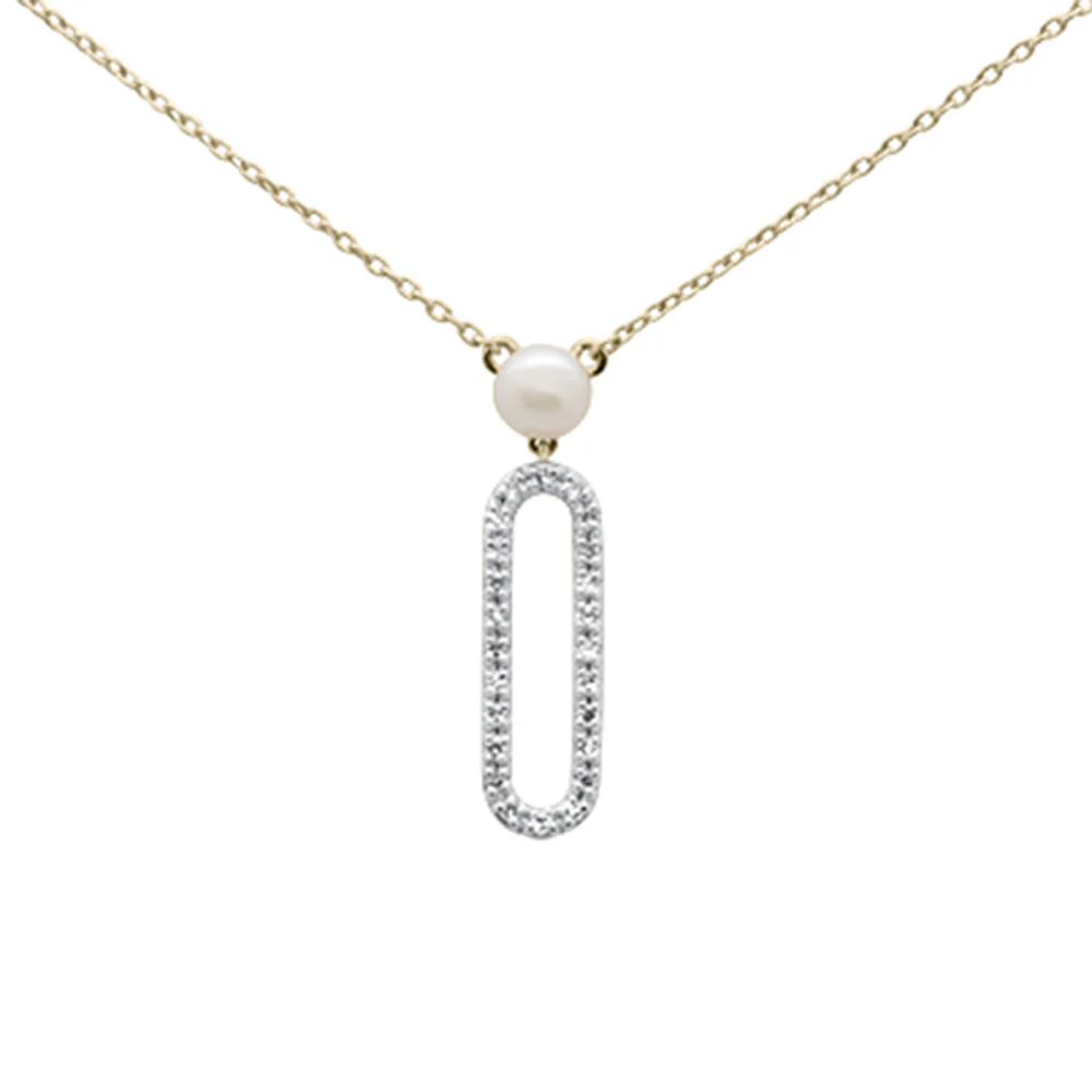 <span>GEMSTONE CLOSEOUT </span>! .10ct G SI 14K Yellow Gold Diamond Pearl & Diamond Paperclip Pendant Necklace