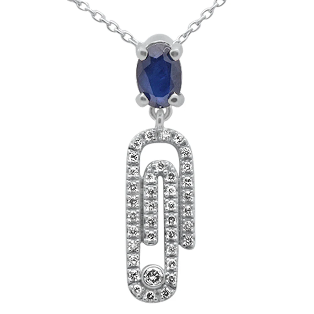 <span>GEMSTONE CLOSEOUT! </span> .82ct G SI 14K White Gold Oval Blue Sapphire Gemstone & Diamond Paperclip Pendant Necklace 18"