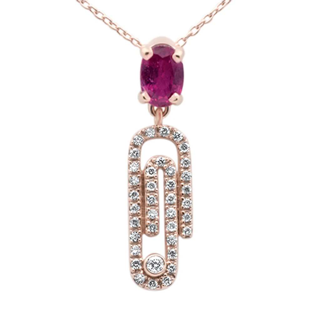 <span>GEMSTONE CLOSEOUT! </span> .92ct G SI 14K Rose Gold Oval Ruby Gemstone & Diamond Paperclip Pendant Necklace 18"