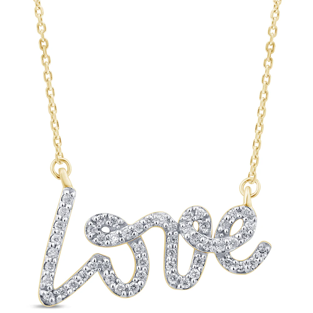 <span style="color:purple">SPECIAL!</span>.24ct G SI 14K Yellow Gold Diamond "Love" Script Pendant Necklace 18" Long